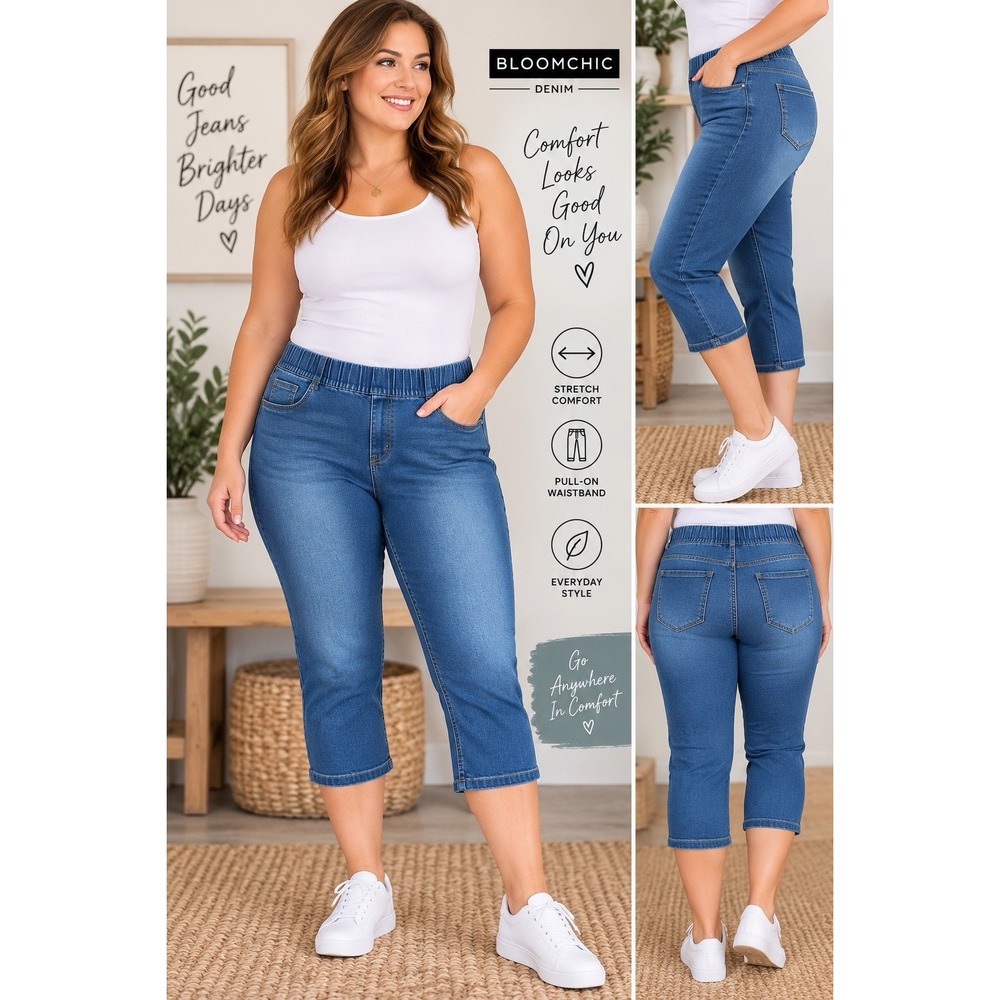 BloomChic Denim Capris Women's 20 Blue Stretch Pull On Elastic Waist Plus Size